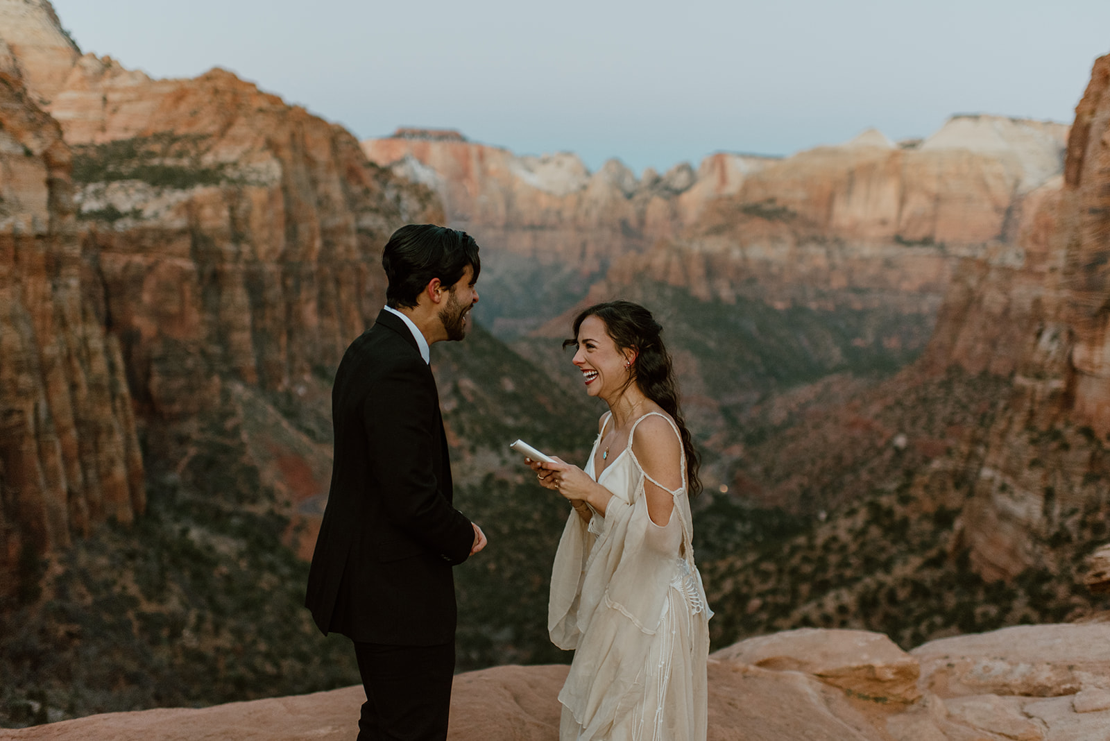 Couple exchanges vows at sunrise elopement in Zion National Park