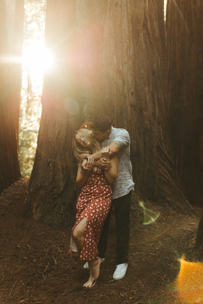 couple embraces at sunset redwoods engagement session