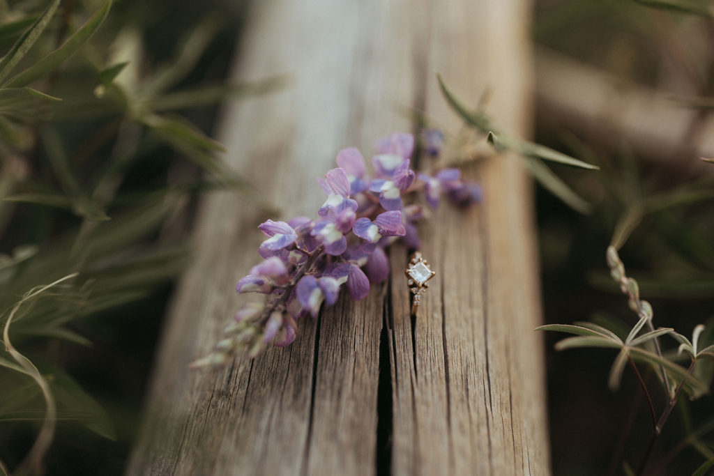 ring with flower set on piece of wood in field