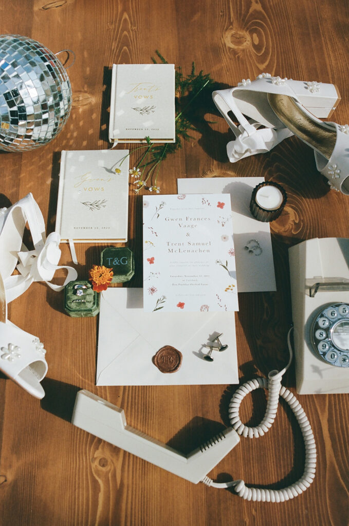 pearl shoes and other wedding details flat lay