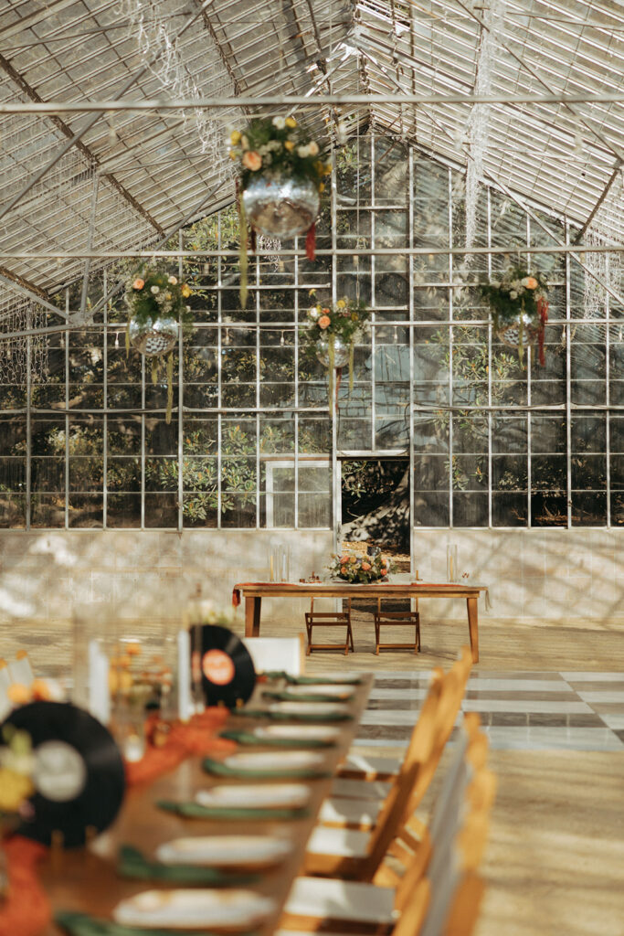 greenhouse wedding venue decorations as part of wedding film photography project
