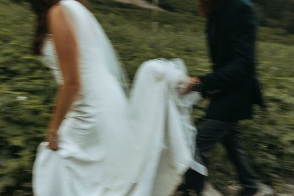 groom holds bride's wedding dress train through field