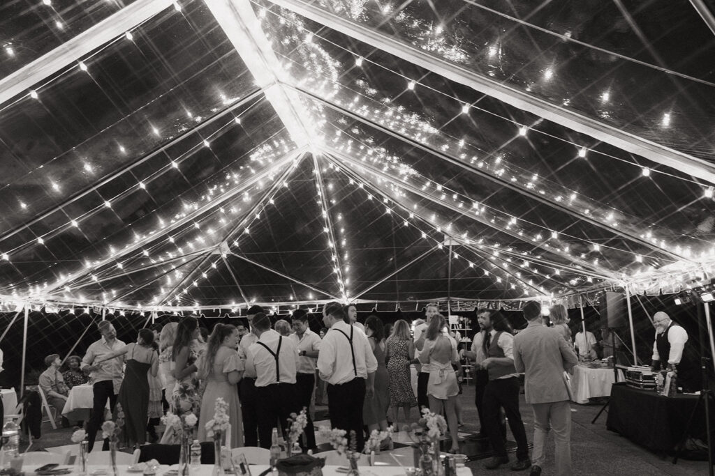 sparkling lights at tent garden wedding