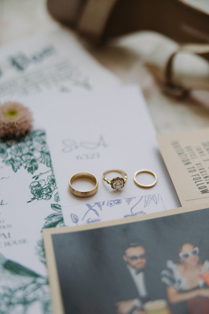 wedding bands placed on wedding invitations