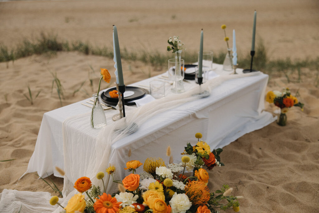 reception table with floral decor at Virginia Beach elopement