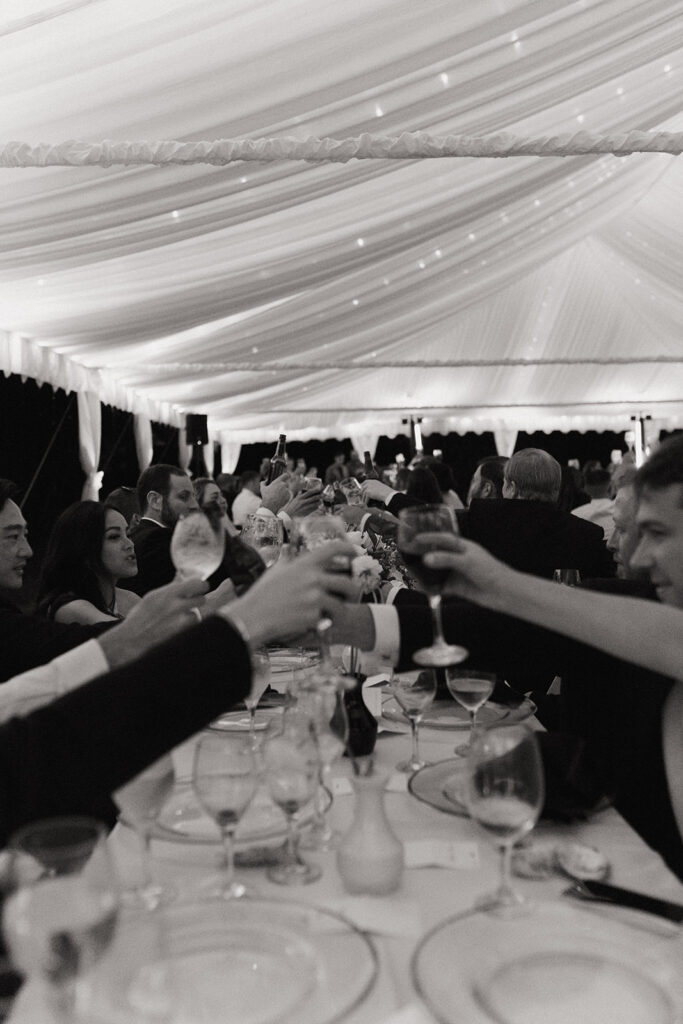 guests cheer with glasses at outdoor wedding with tent