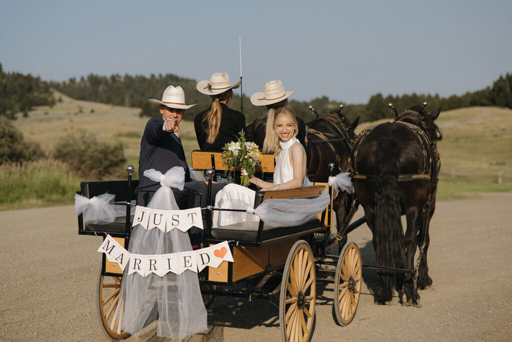 bride and groom ride horse drawn carriage at montana intimate wedding