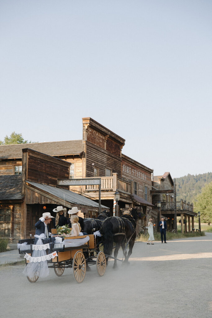 bride and groom ride horse drawn carriage at montana intimate wedding