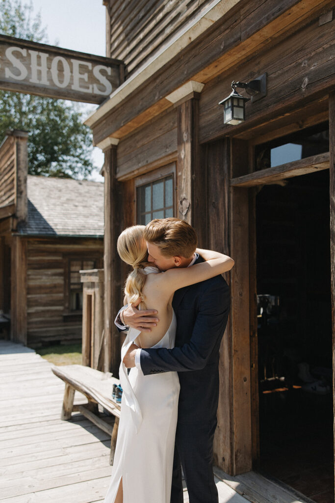 bride and groom hug at a montana intimate wedding