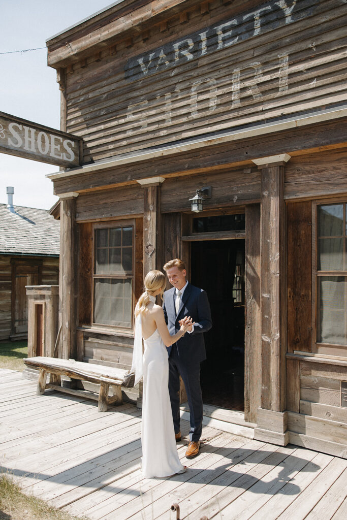 bride and groom hug at a montana intimate wedding