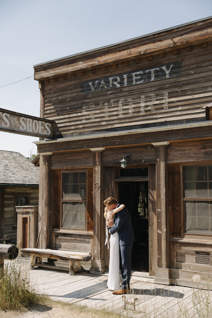 bride and groom hug at a montana intimate wedding