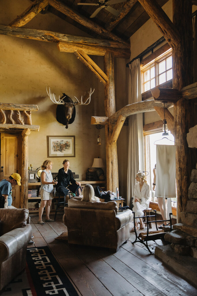 bride getting ready in montana lodge