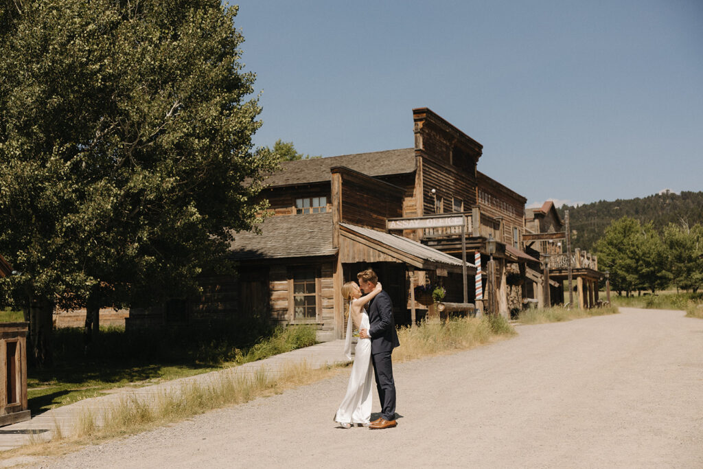 bride and groom hug at a montana intimate wedding