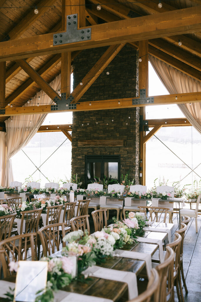 Wedding reception details inside Three Peaks Ranch Westcliffe Colorado